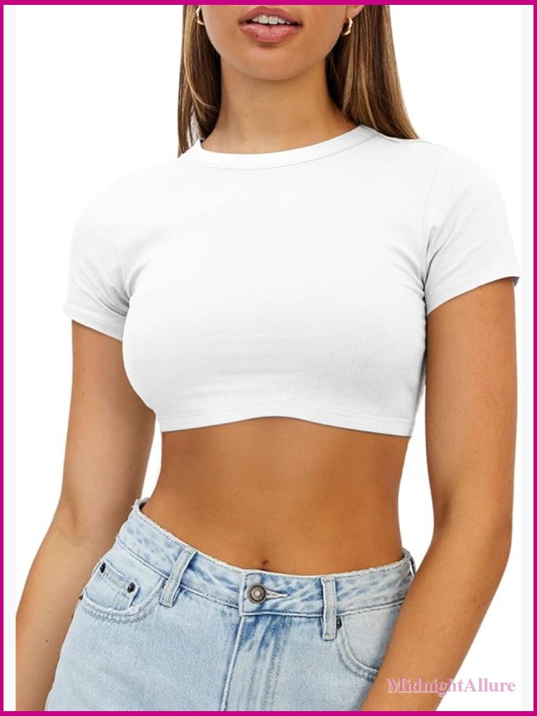 Women's Crop Top Crewneck Y2k Summer Short Sleeve Fitted Knit Ribbed Casual